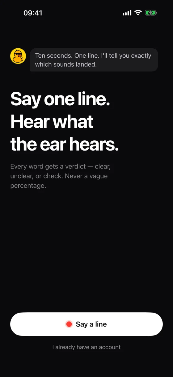 Sayit iOS intro: “Say one line. Hear what the ear hears.” with a Say a line button