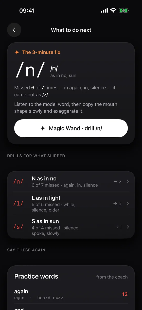 Sayit iOS what-to-do-next screen: a three-minute fix for the /n/ sound with drills