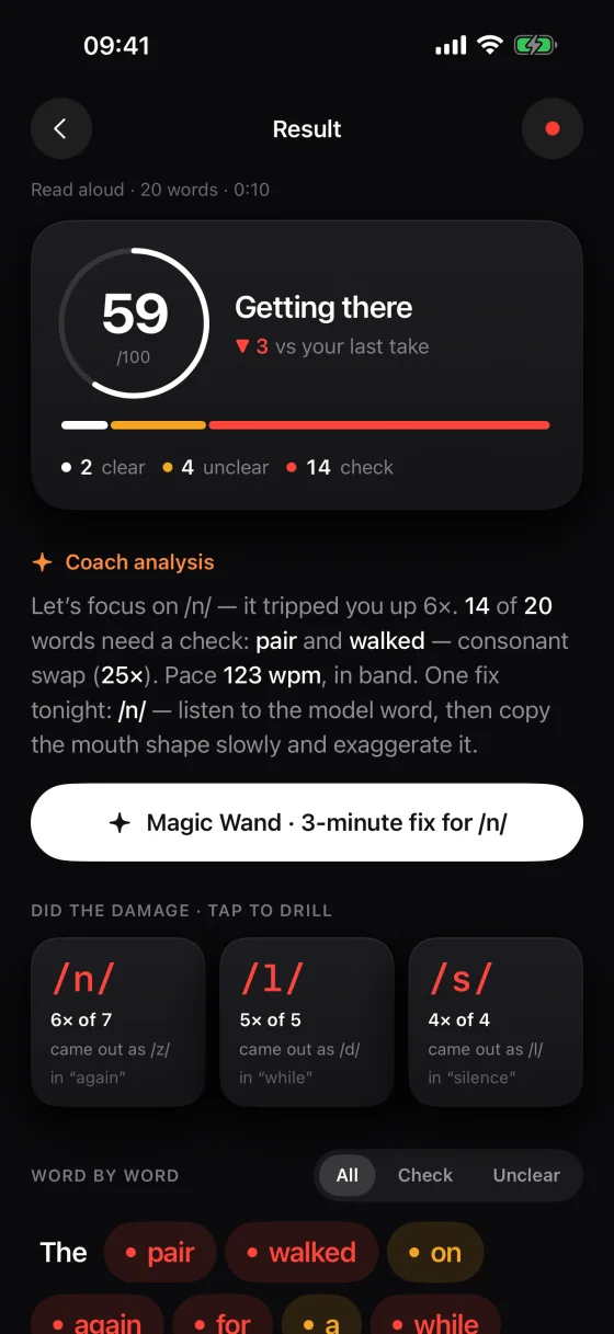 Sayit iOS result screen: a read-aloud scored 59 out of 100, with the sounds that did the damage