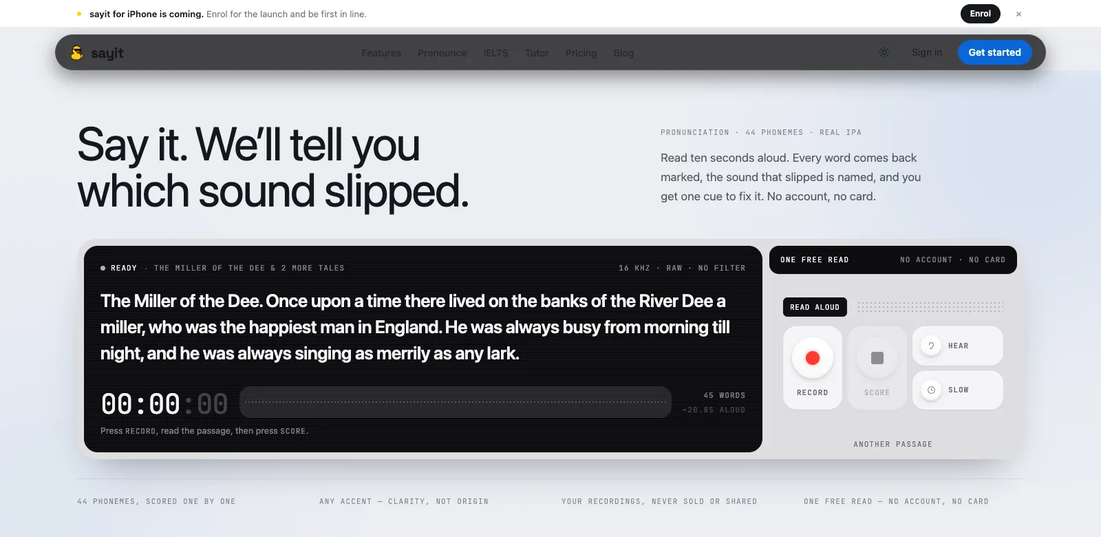 Sayit website: “Say it. We’ll tell you which sound slipped.” above a live read-aloud panel with record, score and hear controls